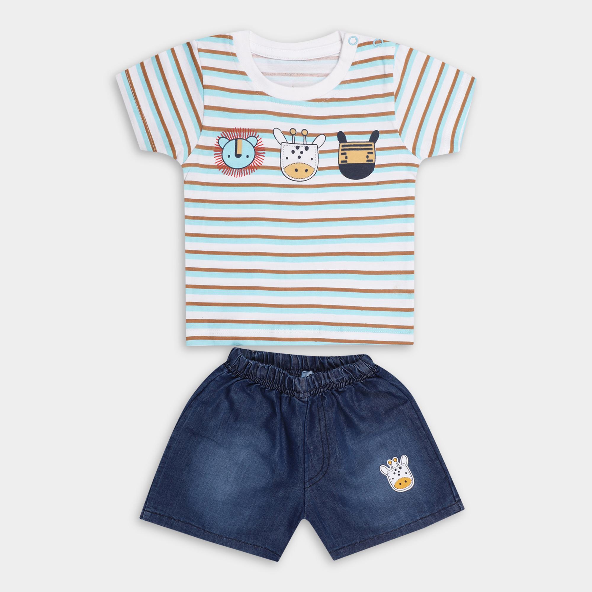 Yellow Hippo Boys' Light Blue Cotton Round Neck Striped Baba Suit