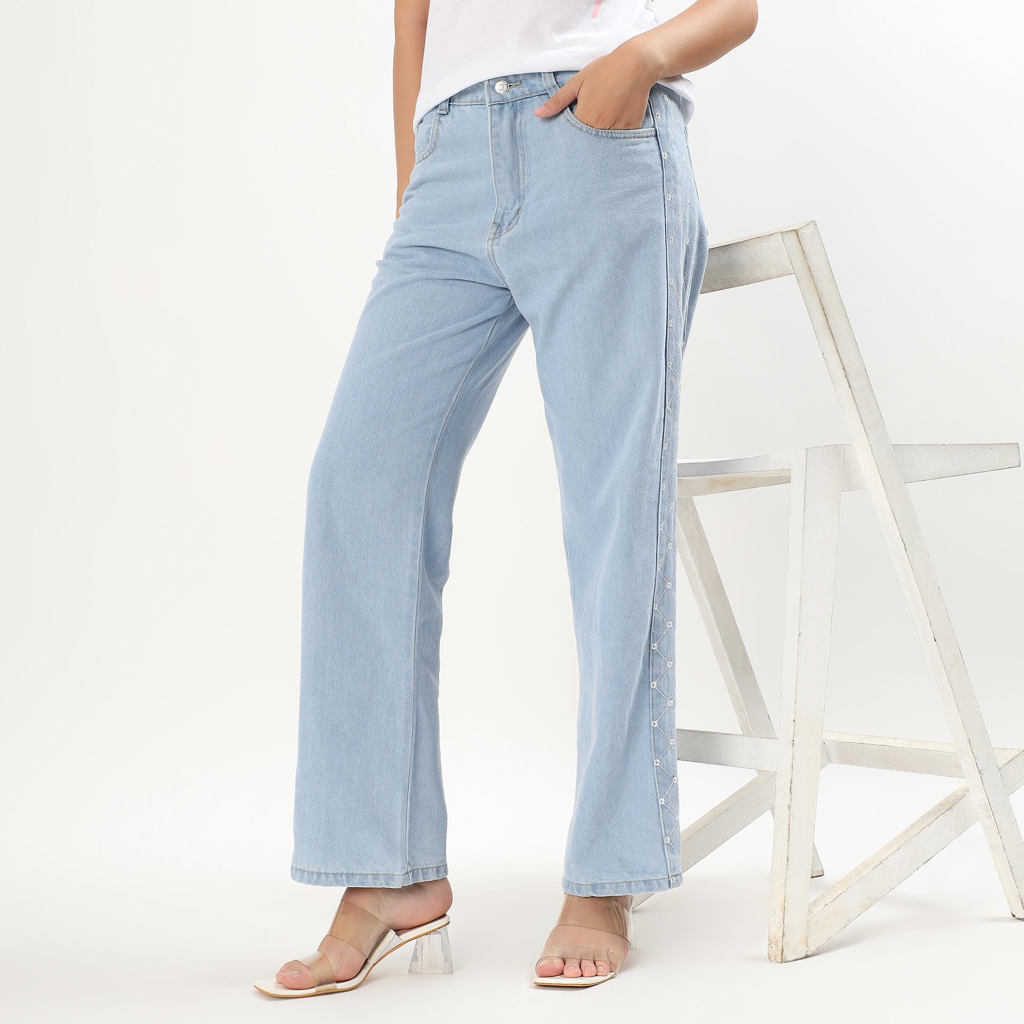 Wavelength Women's Light Powder Blue Straight Fit Embroidered Jeans ...