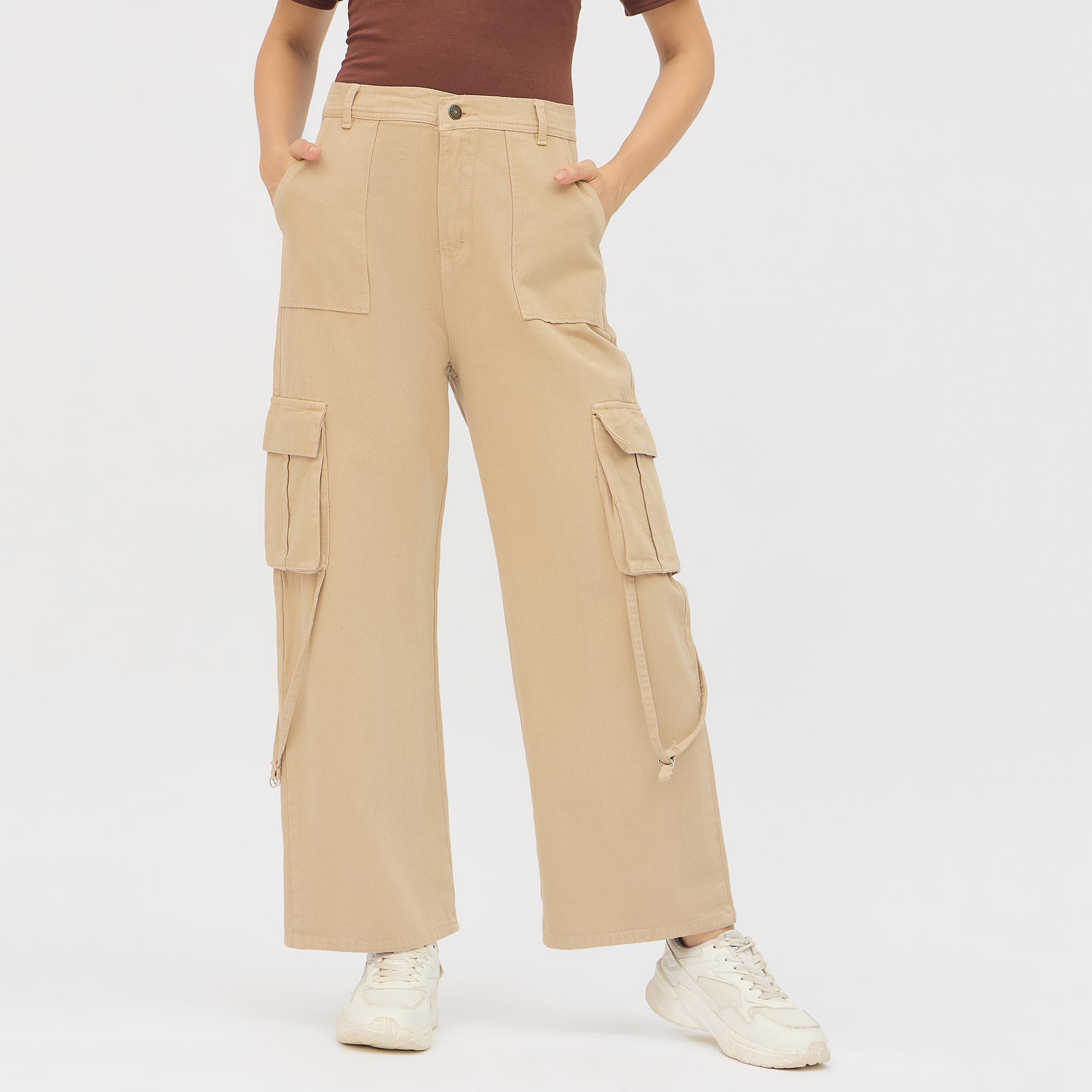 Wavelength Ladies' Muted Beige Wide Leg High-Rise Cargo Jeans