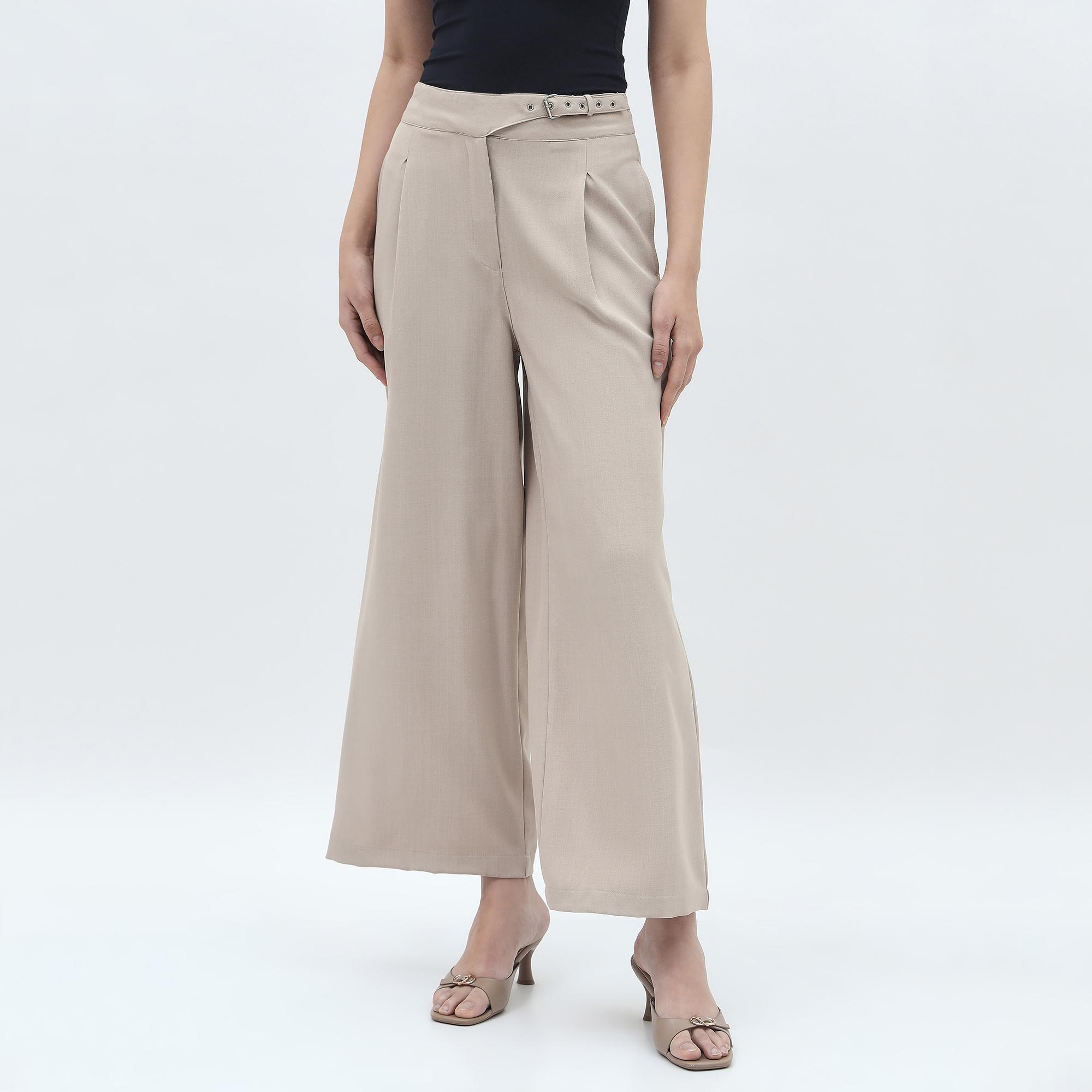 Lucky Charm Women's Soft Beige Wide-Leg Pleated High-Waist