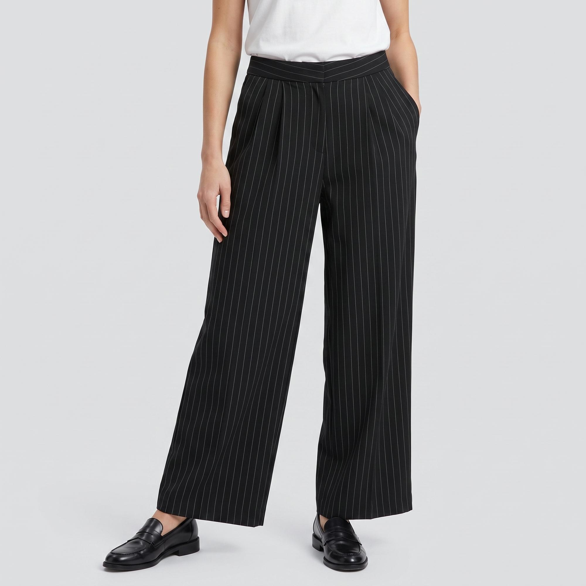 Lucky Charm Women's Black Wide Leg Pinstriped Trousers | Vishal